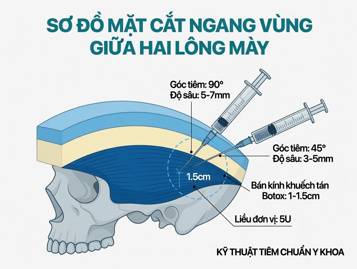 Cơ chế Botox ức chế cơ corrugator và procerus vùng glabella