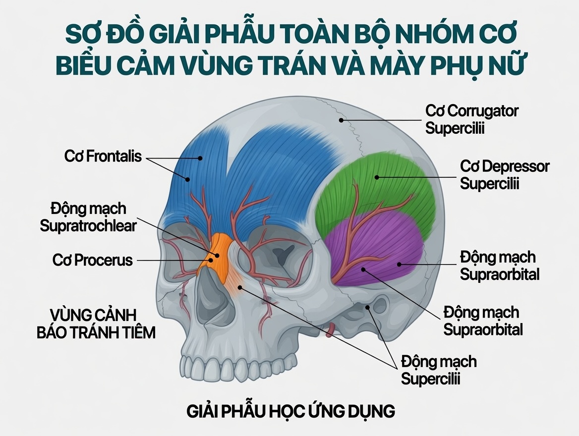 Bản đồ 5 điểm tiêm Botox glabella chuẩn quốc tế
