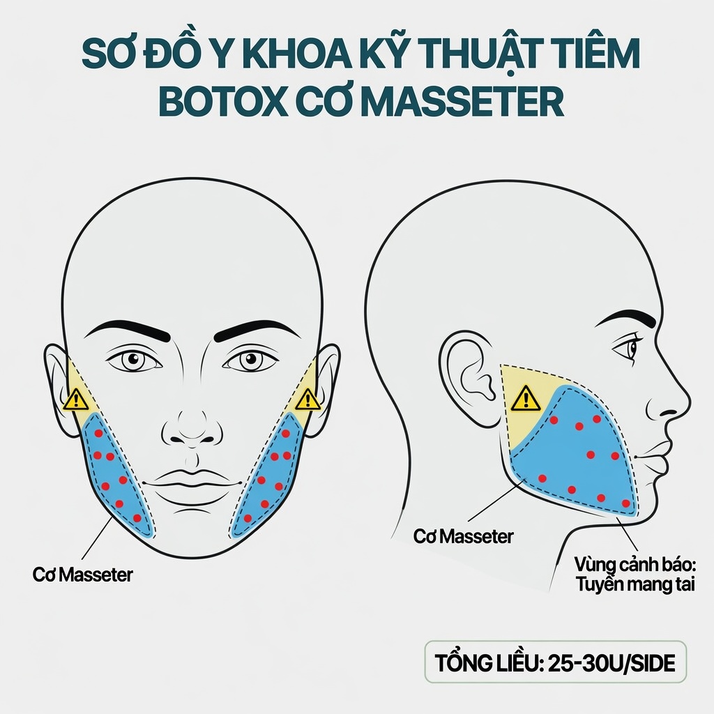 Sơ đồ y khoa kỹ thuật tiêm Botox cơ massete thon gọn cằm