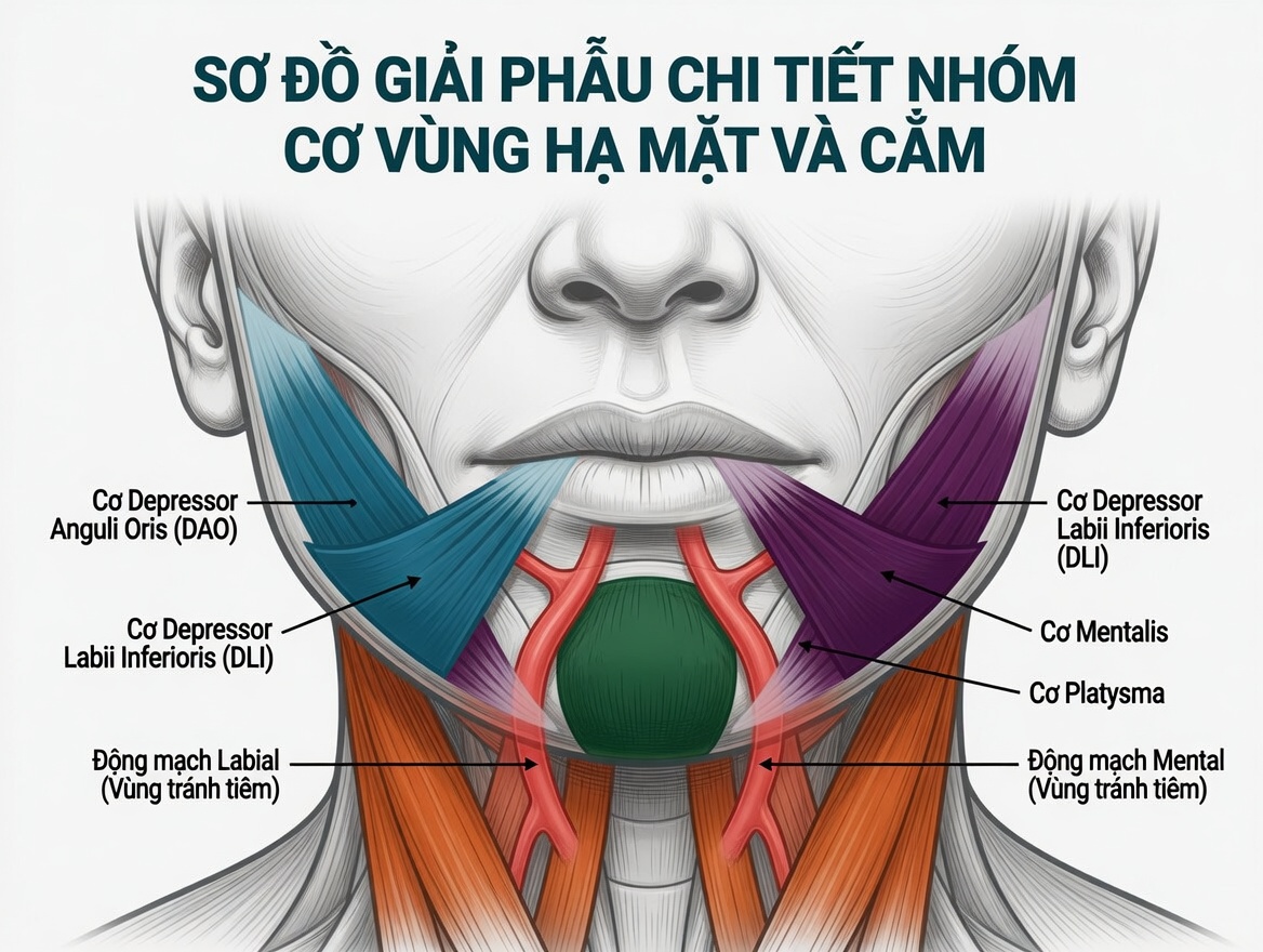 giải phẫu chi tiết nhóm cơ vùng hạ mặt và cằm phụ nữ