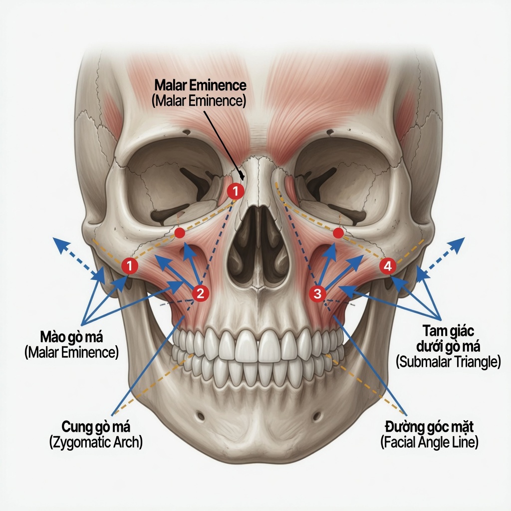 Sơ đồ giải phẫu mid-face và điểm tiêm filler gò má