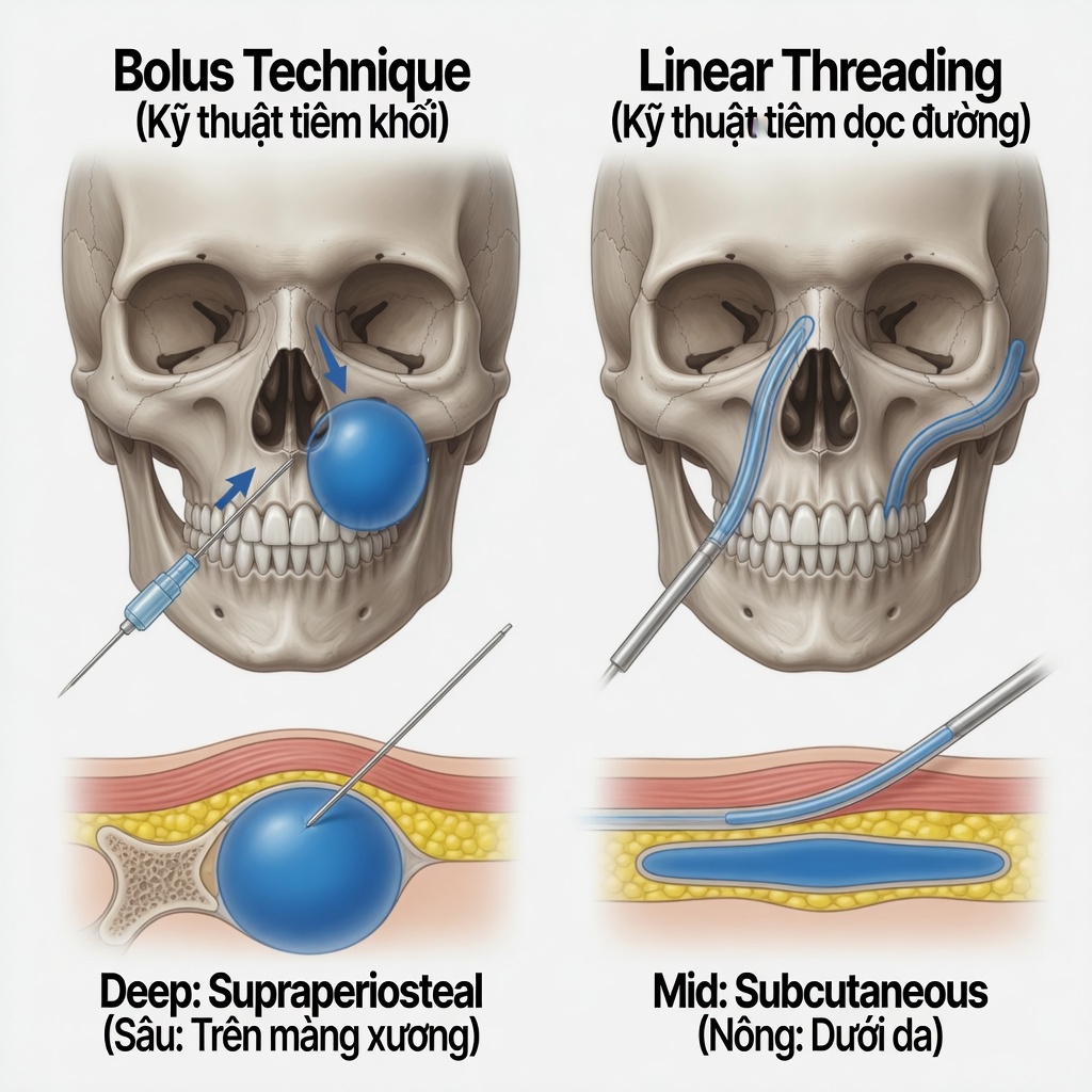 So sánh kỹ thuật bolus và threading filler má