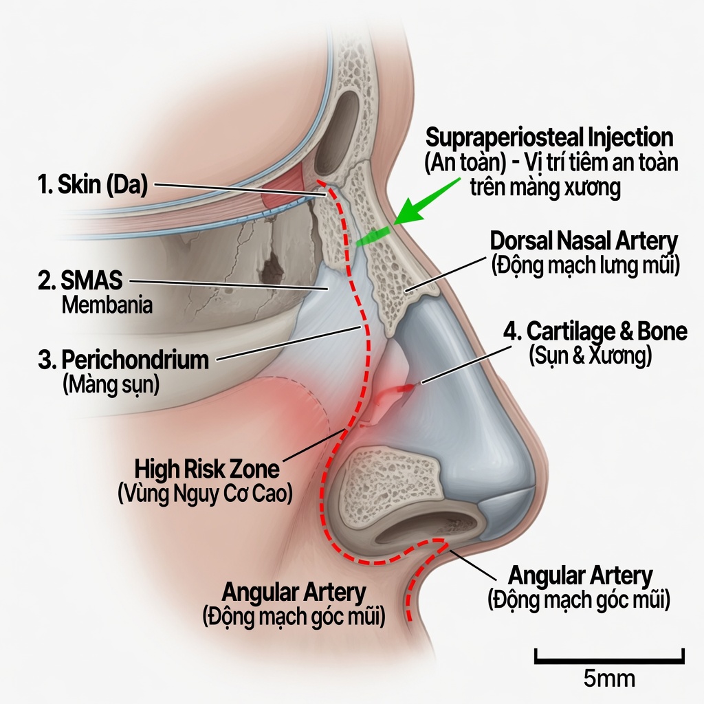 Cắt dọc mũi sagittal cross-section lớp tiêm filler