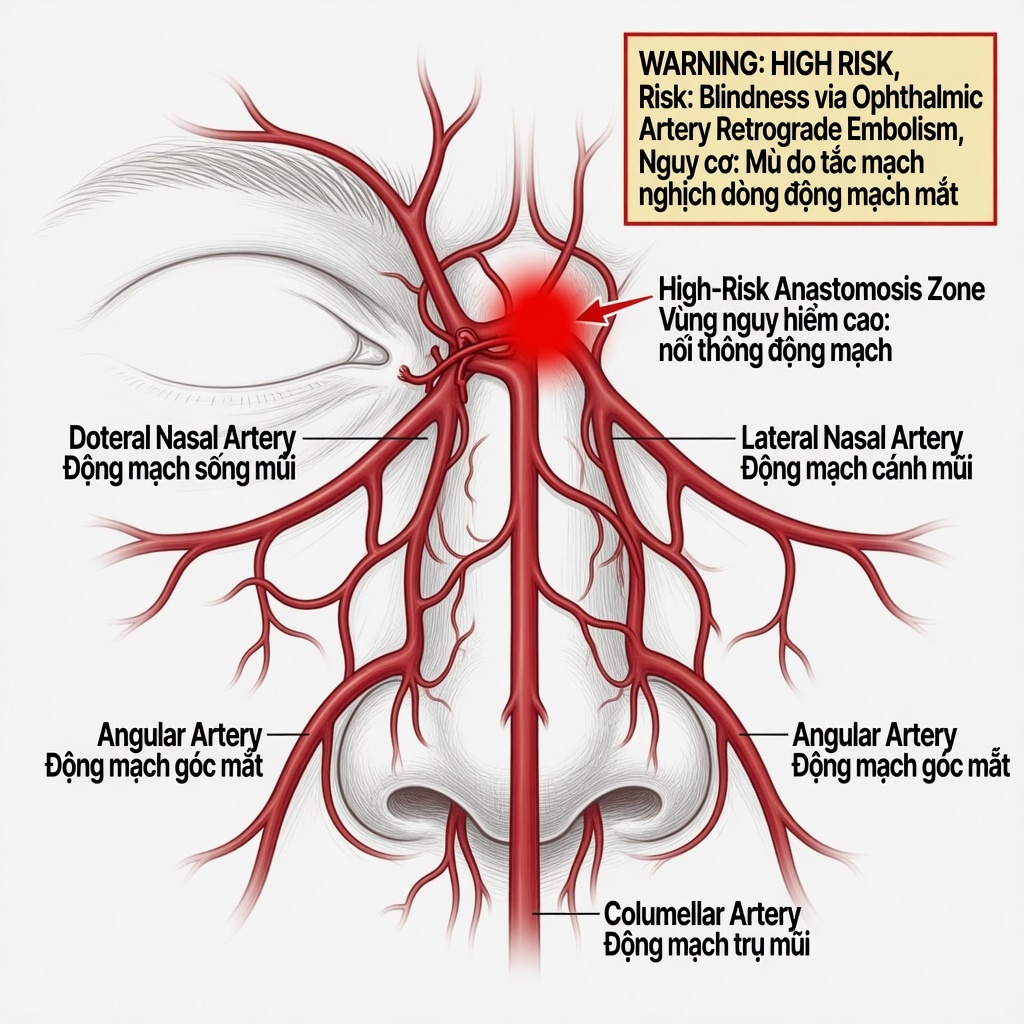 Bản đồ angular artery và dorsal nasal artery nguy hiểm vùng mũi