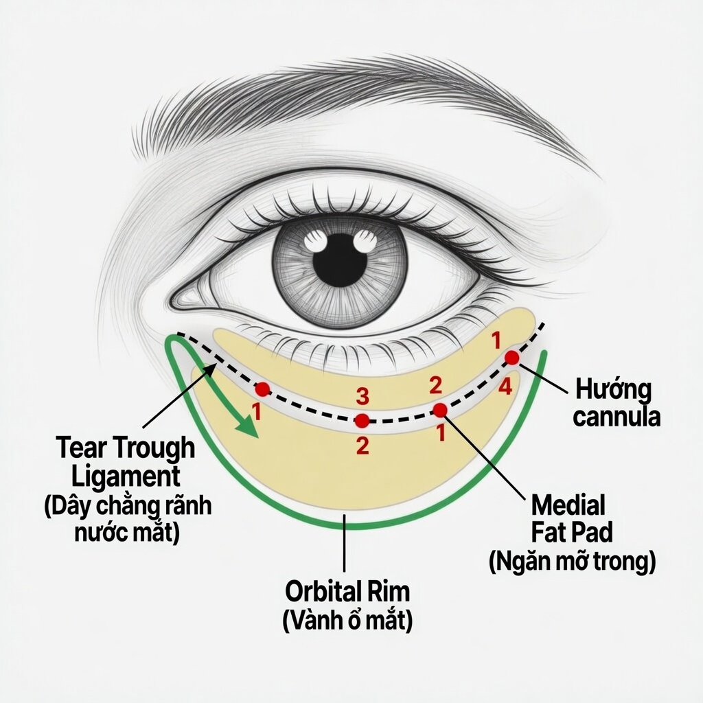 Sơ đồ giải phẫu tear trough ligament và vùng tiêm filler mắt