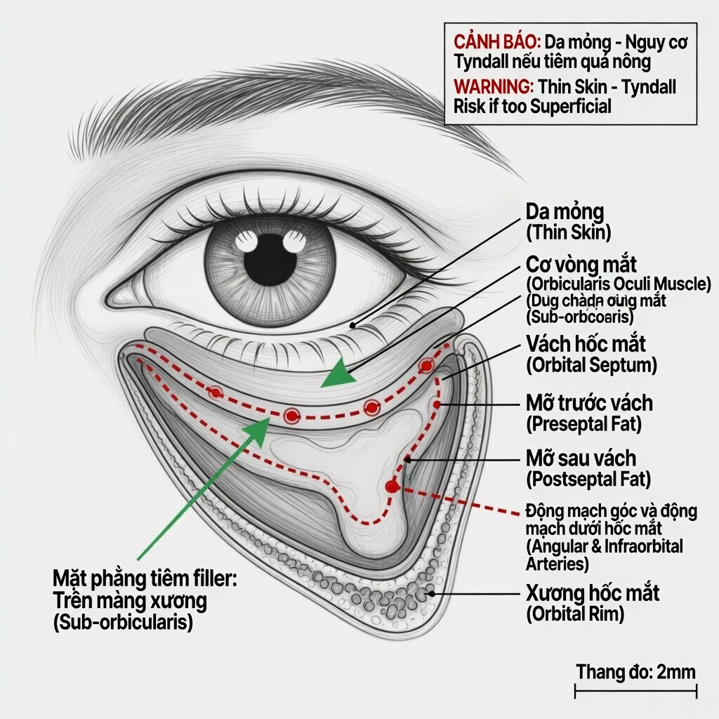 Hình minh họa y khoa cắt ngang (coronal cross-section) qua vùng mắt dưới tại đường tear trough, nền trắng.