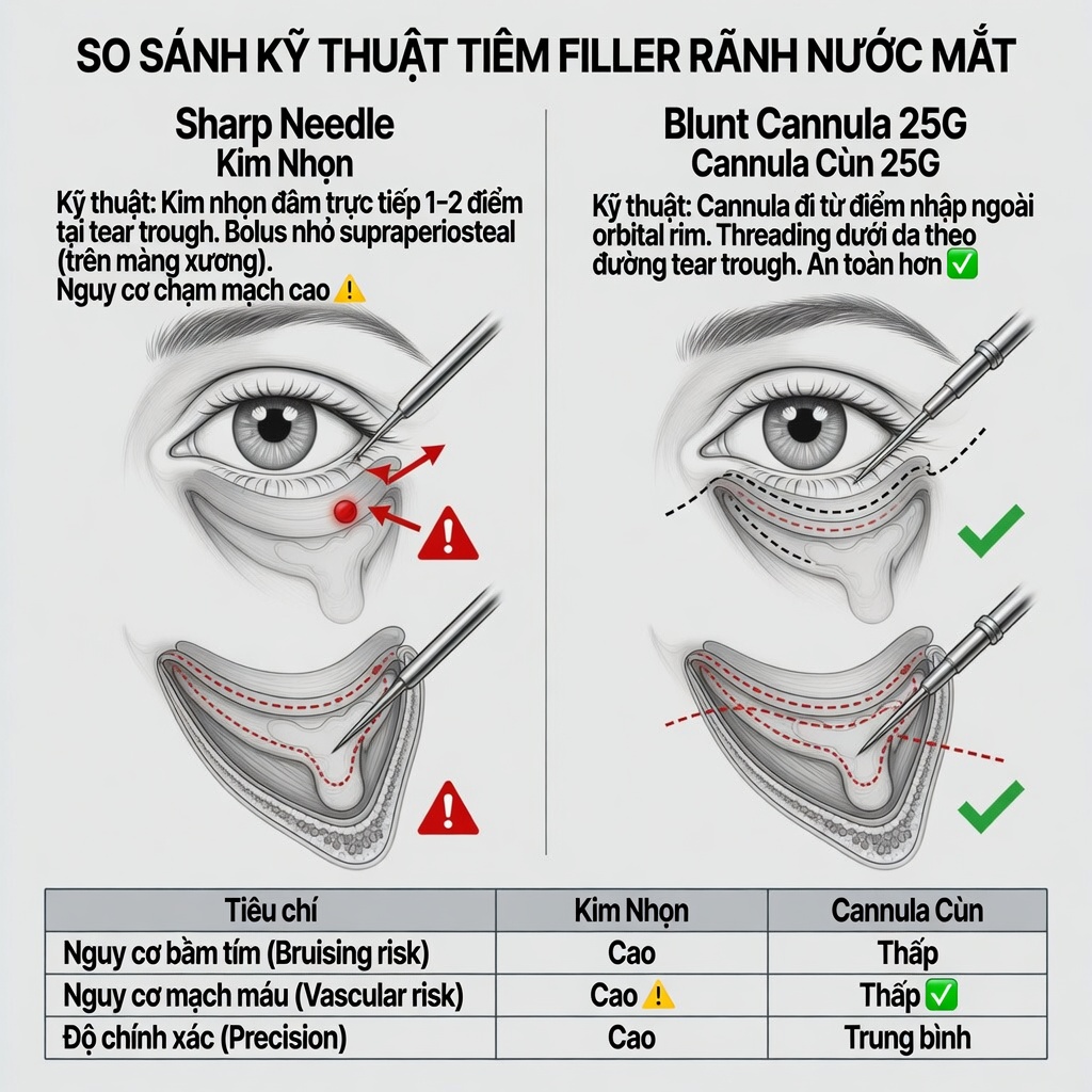 So sánh cannula và kim tiêm filler tear trough
