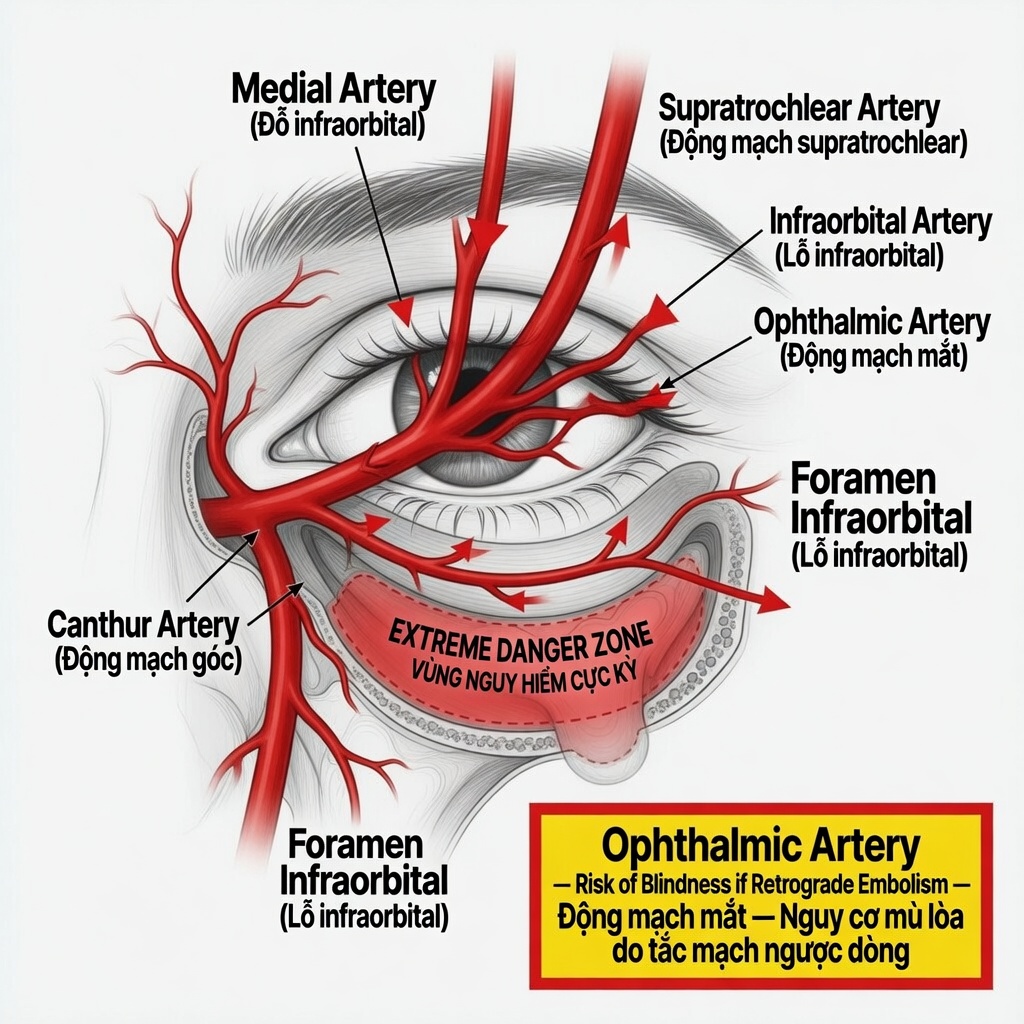 Bản đồ ophthalmic artery angular artery vùng mắt nguy hiểm