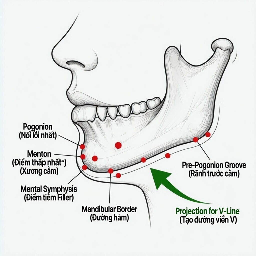 Sơ đồ giải phẫu cằm và điểm tiêm filler V-line