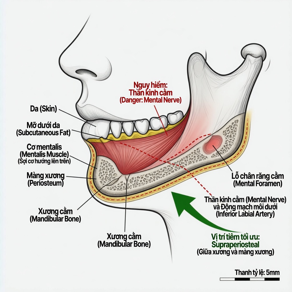 Cross-section giải phẫu cằm cơ mentalis supraperiosteal