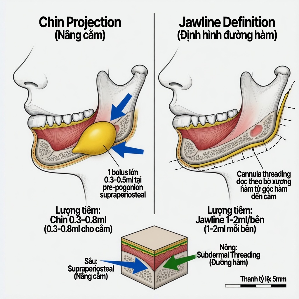 Hình minh họa y khoa cắt dọc (sagittal cross-section) qua cằm, nền trắng.
