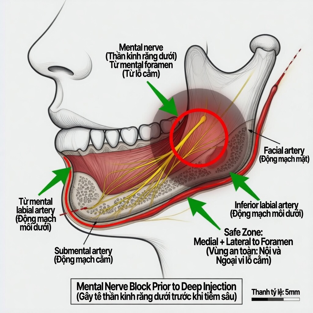 Bản đồ mental nerve và inferior labial artery vùng cằm hàm