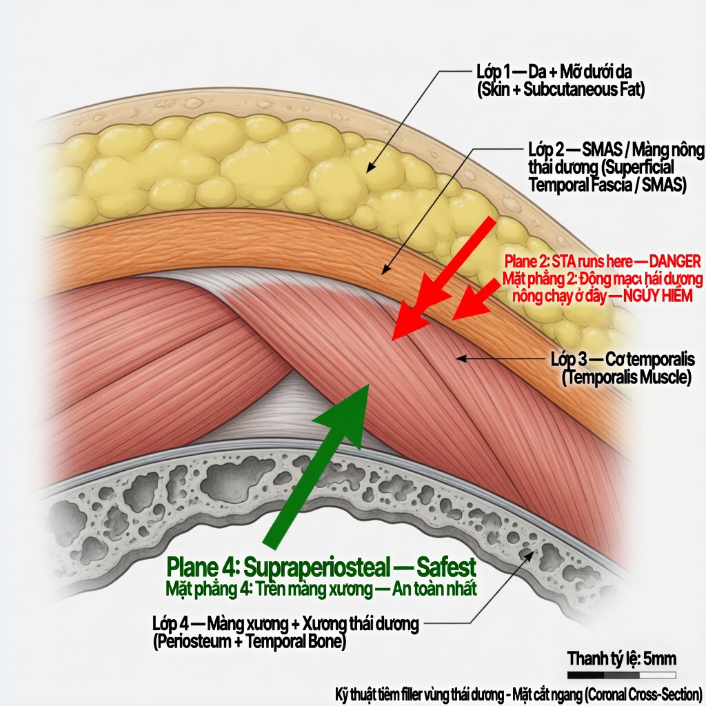 4 mặt phẳng tiêm filler thái dương coronal cross-section