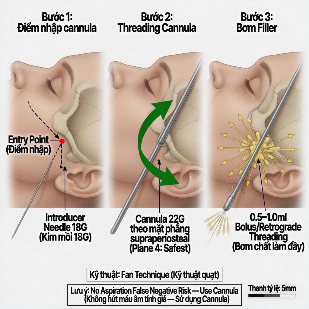 Hình minh họa y khoa quy trình kỹ thuật tiêm filler thái dương bằng cannula, nhìn nghiêng, nền trắng.